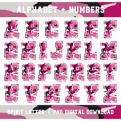 Pink Camouflage Varsity Alphabet and Numbers PNG Set