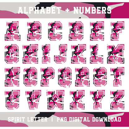 Pink Camouflage Varsity Alphabet and Numbers PNG Set