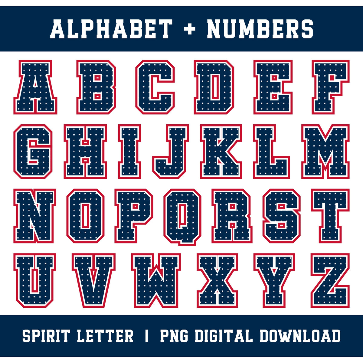Custom Personalized Team Color Stars Varsity Alphabet and Numbers PNG Set