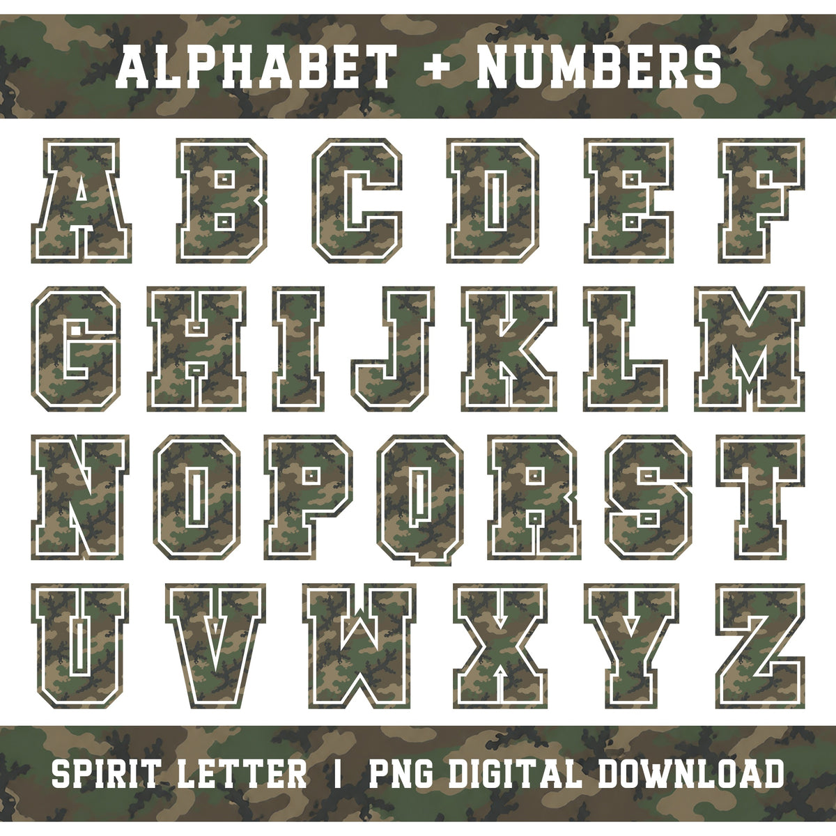 Woodland Camouflage Varsity Alphabet and Numbers PNG Set