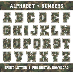 Woodland Camouflage Varsity Alphabet and Numbers PNG Set