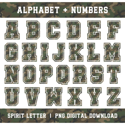 Woodland Camouflage Varsity Alphabet and Numbers PNG Set