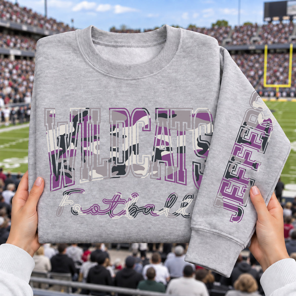 Custom Purple Camouflage Varsity Team Personalized Long Sleeve School Spirit PNG Designs