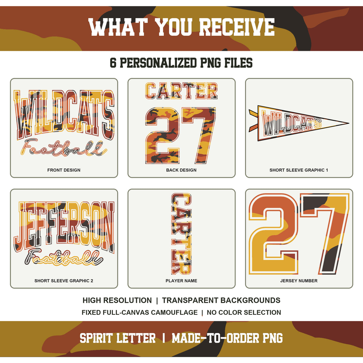 Custom Orange Camouflage Varsity Team Personalized Short Sleeve School Spirit PNG Designs