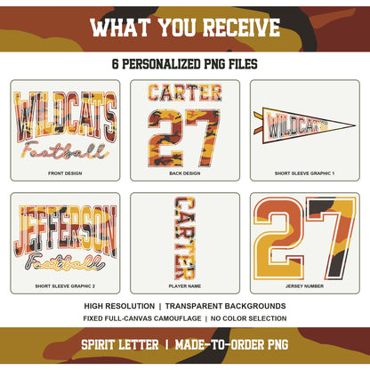 Custom Orange Camouflage Varsity Team Personalized Short Sleeve School Spirit PNG Designs
