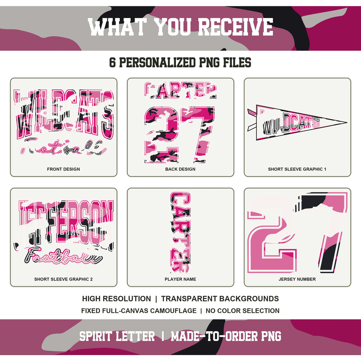 Custom Pink Camouflage Varsity Team Personalized Short Sleeve School Spirit PNG Designs