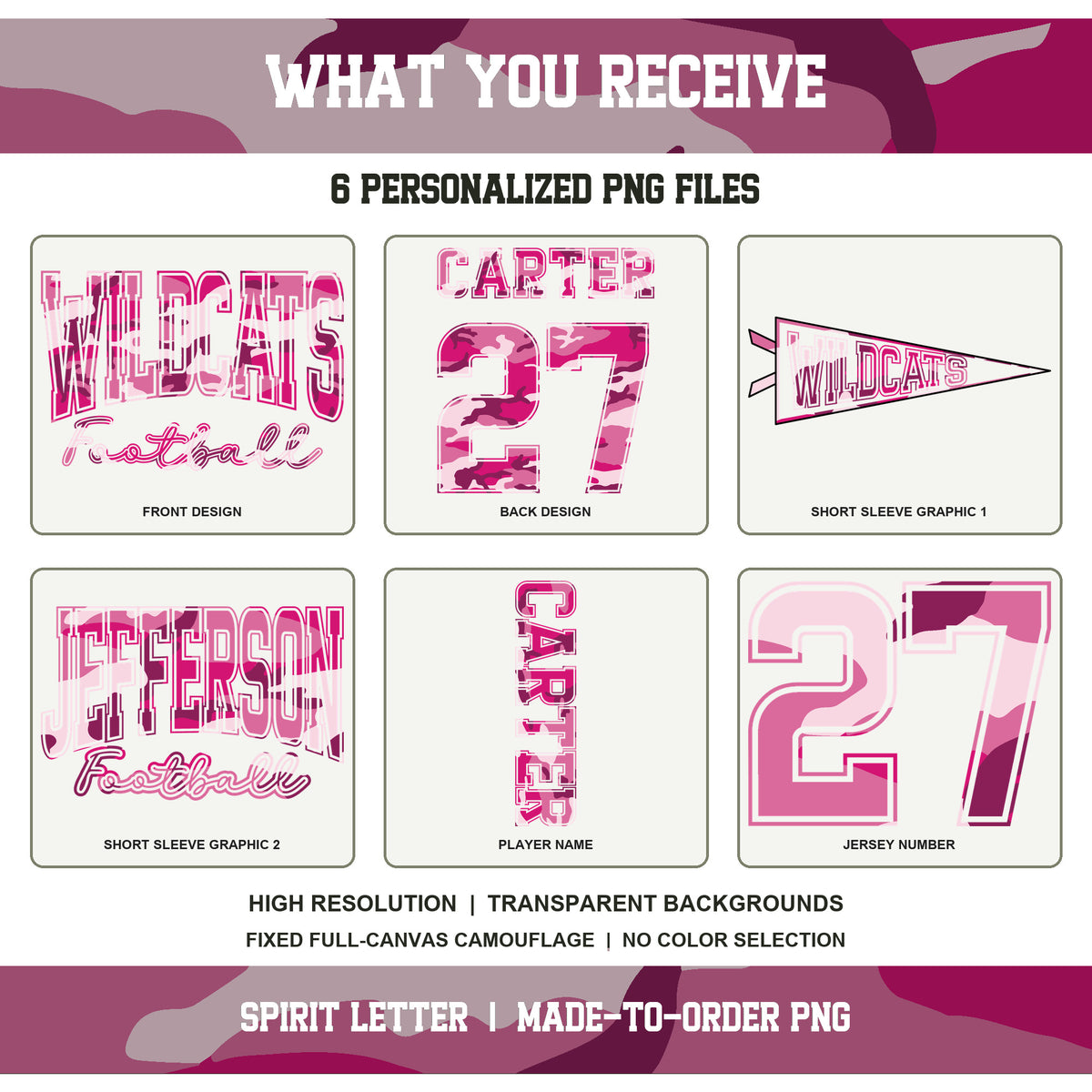 Custom Hot Pink Camouflage Varsity Team Personalized Short Sleeve School Spirit PNG Designs