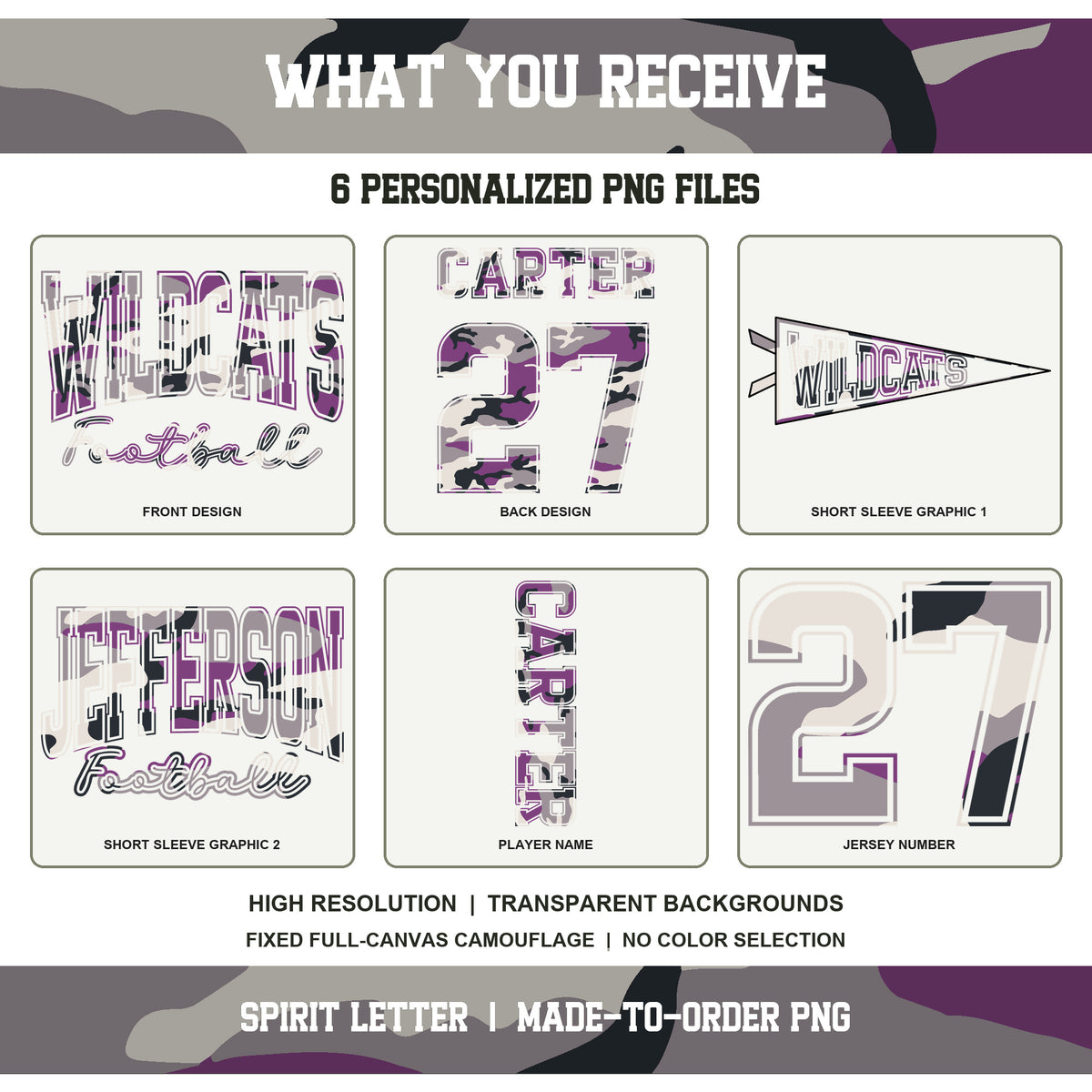 Custom Purple Camouflage Varsity Team Personalized Short Sleeve School Spirit PNG Designs