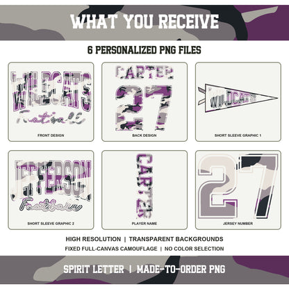 Custom Purple Camouflage Varsity Team Personalized Short Sleeve School Spirit PNG Designs