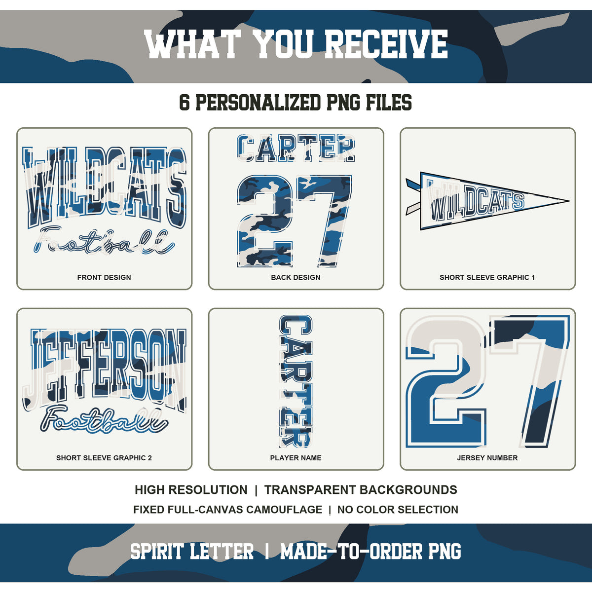 Custom Blue Camouflage Varsity Team Personalized Short Sleeve School Spirit PNG Designs