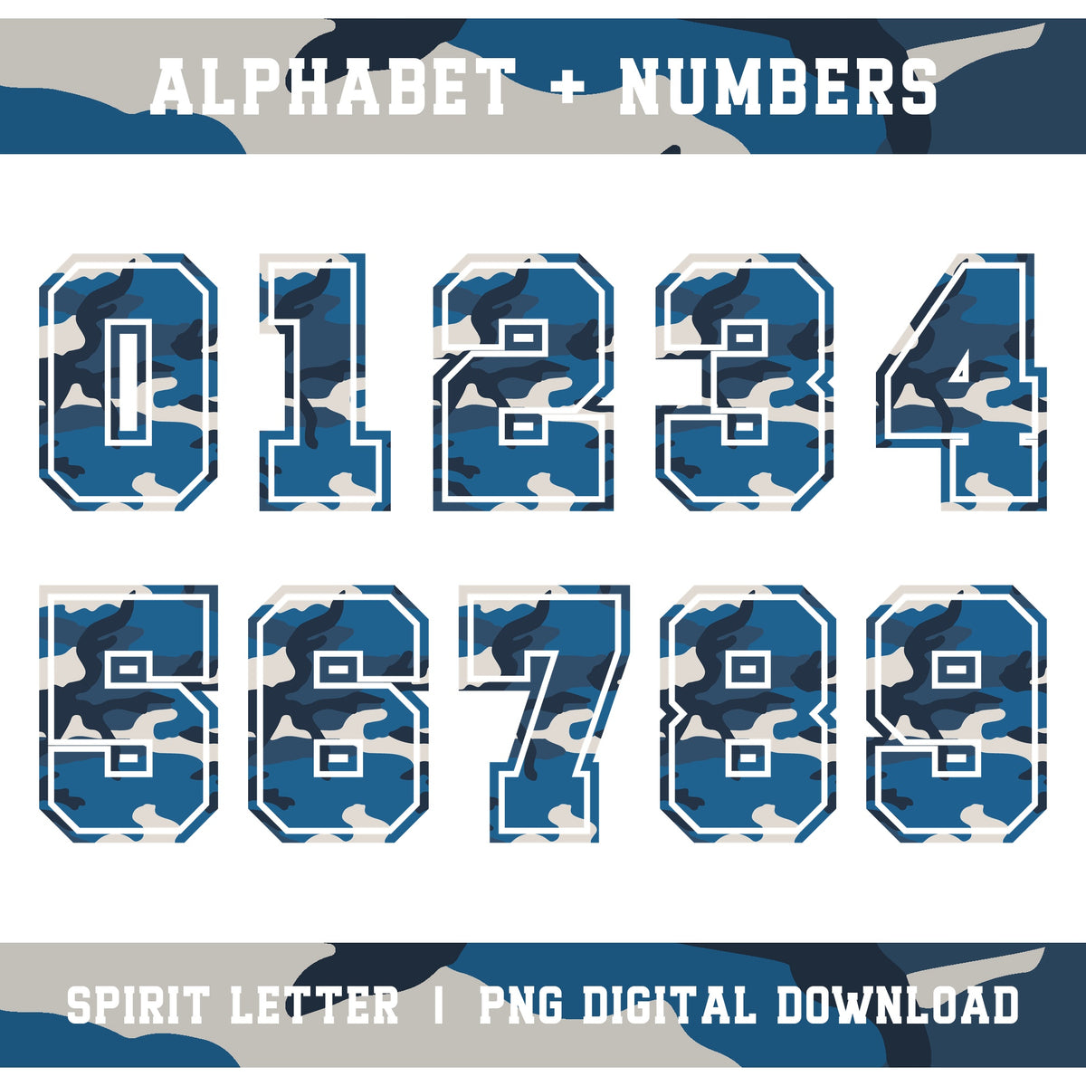 Blue Camouflage Varsity Alphabet and Numbers PNG Set