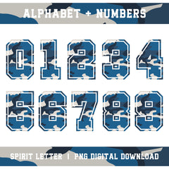 Blue Camouflage Varsity Alphabet and Numbers PNG Set
