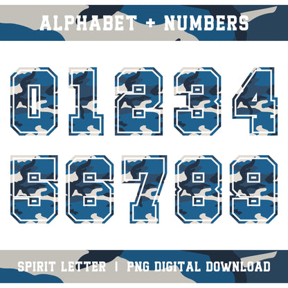 Blue Camouflage Varsity Alphabet and Numbers PNG Set
