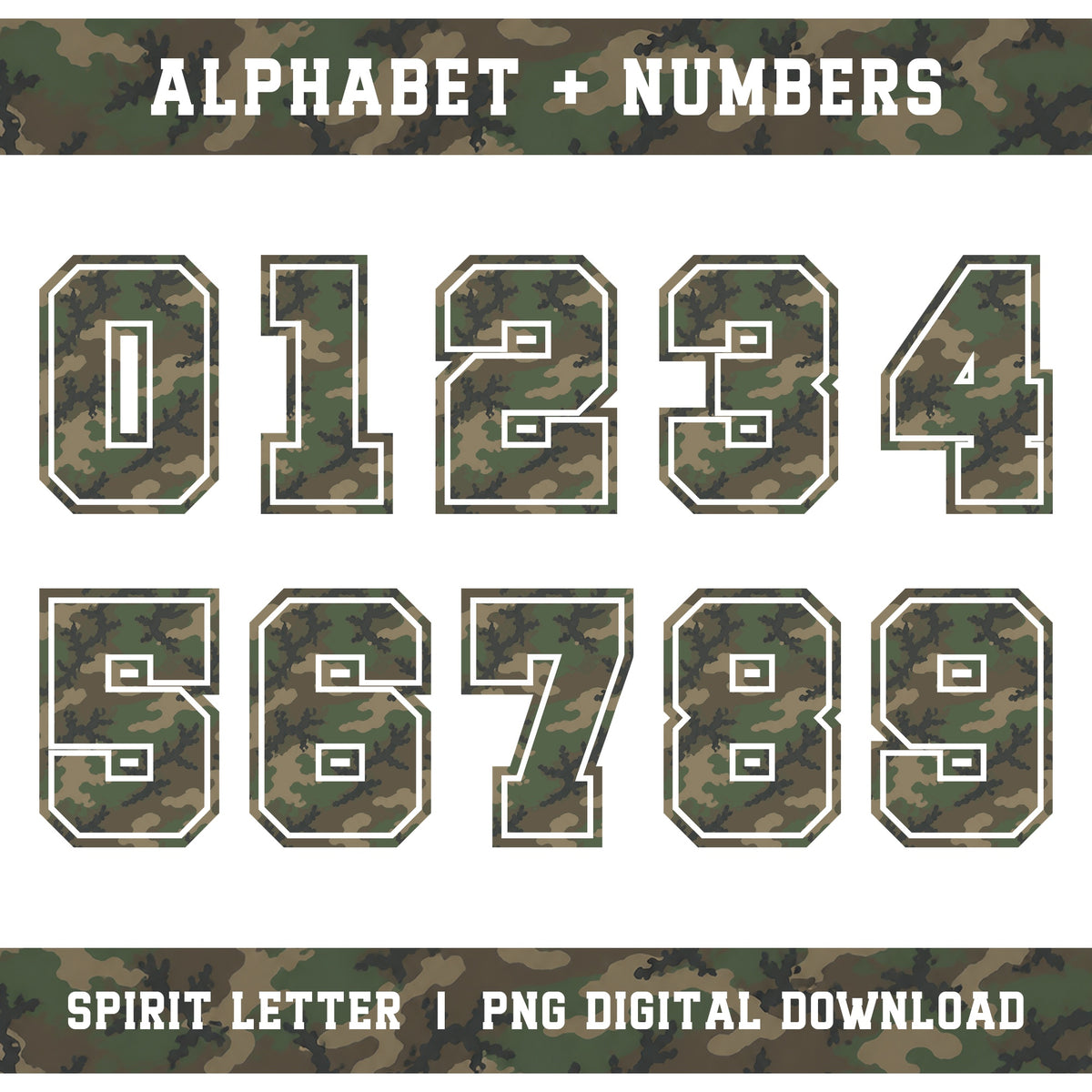 Woodland Camouflage Varsity Alphabet and Numbers PNG Set