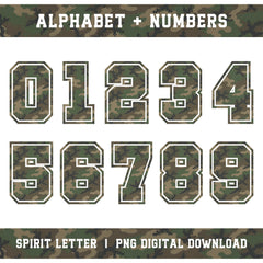 Woodland Camouflage Varsity Alphabet and Numbers PNG Set