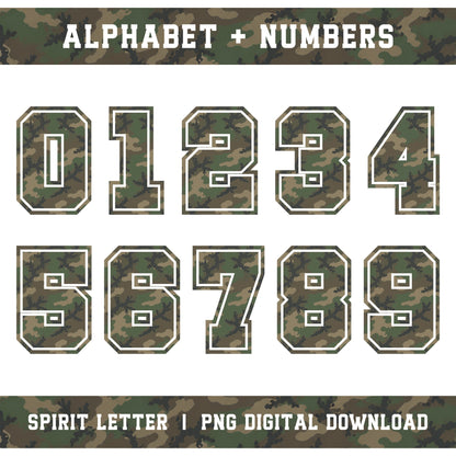 Woodland Camouflage Varsity Alphabet and Numbers PNG Set