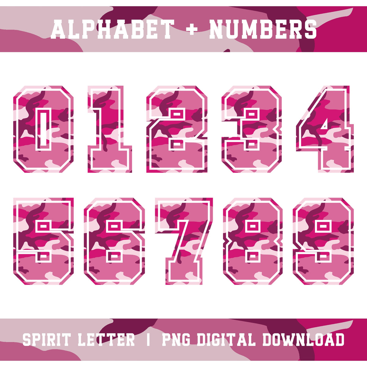 Hot Pink Camouflage Varsity Alphabet and Numbers PNG Set