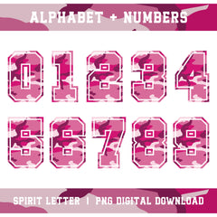 Hot Pink Camouflage Varsity Alphabet and Numbers PNG Set