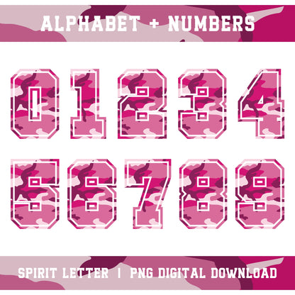 Hot Pink Camouflage Varsity Alphabet and Numbers PNG Set