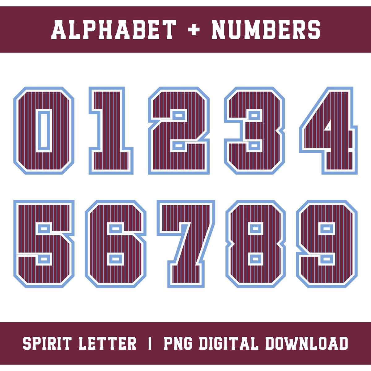 Custom Personalized Team Color Pinstripe Varsity Alphabet and Numbers PNG Set
