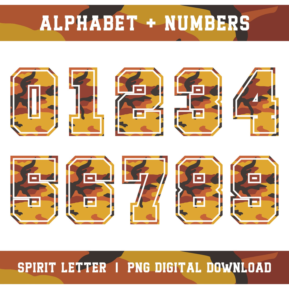 Orange Camouflage Varsity Alphabet and Numbers PNG Set