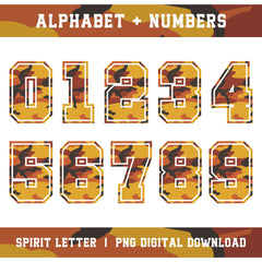 Orange Camouflage Varsity Alphabet and Numbers PNG Set