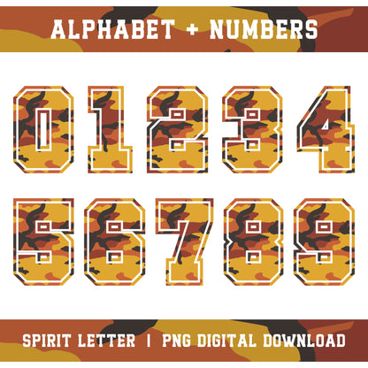 Orange Camouflage Varsity Alphabet and Numbers PNG Set