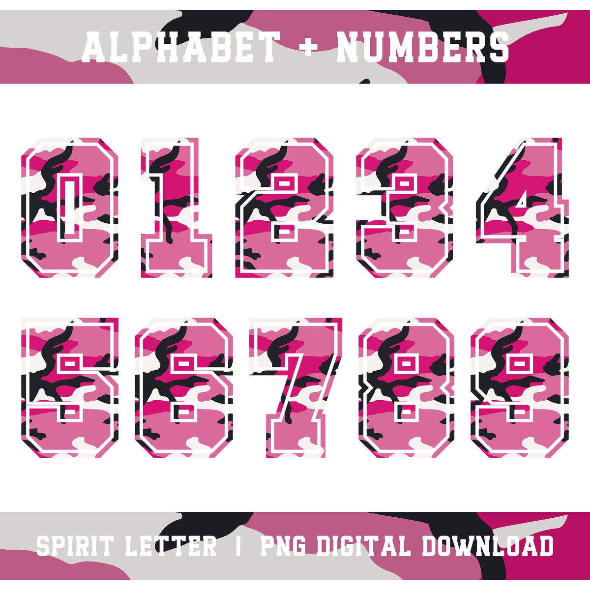 Pink Camouflage Varsity Alphabet and Numbers PNG Set