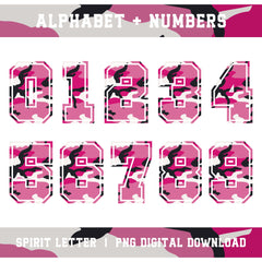 Pink Camouflage Varsity Alphabet and Numbers PNG Set