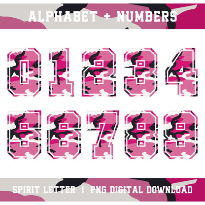 Pink Camouflage Varsity Alphabet and Numbers PNG Set