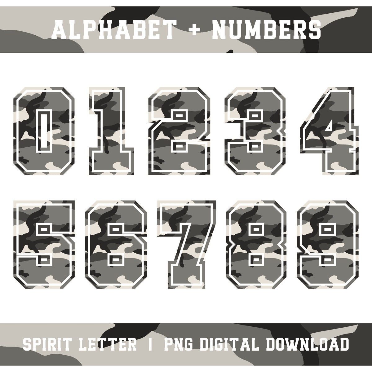 Urban Camouflage Varsity Alphabet and Numbers PNG Set