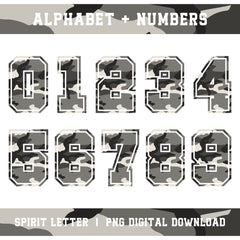 Urban Camouflage Varsity Alphabet and Numbers PNG Set
