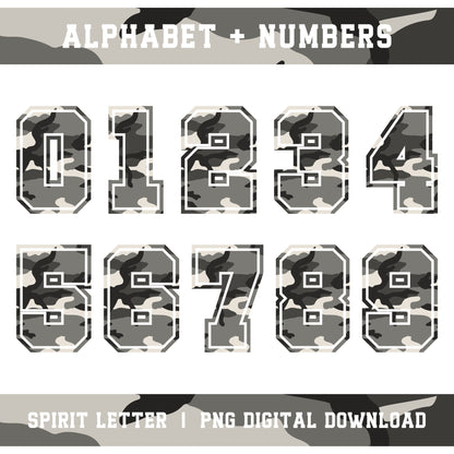 Urban Camouflage Varsity Alphabet and Numbers PNG Set