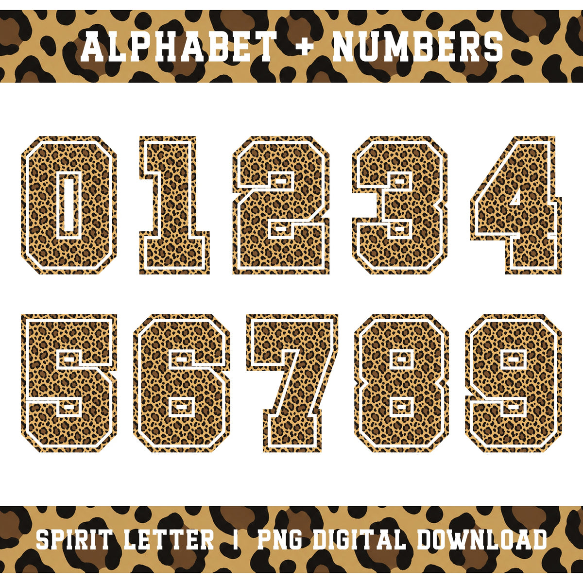 Leopard Varsity Alphabet and Numbers PNG Set