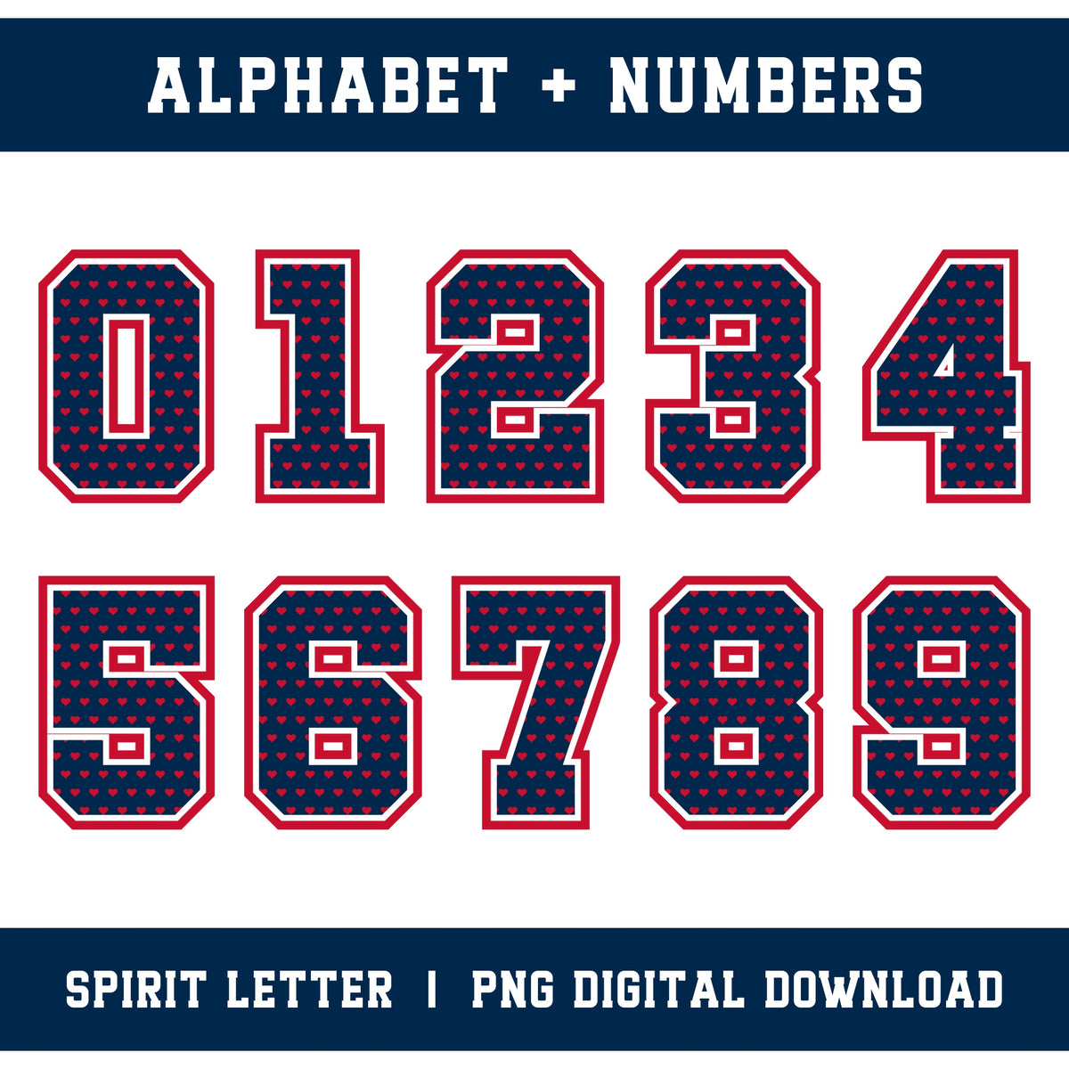 Custom Personalized Team Color Hearts Varsity Alphabet and Numbers PNG Set