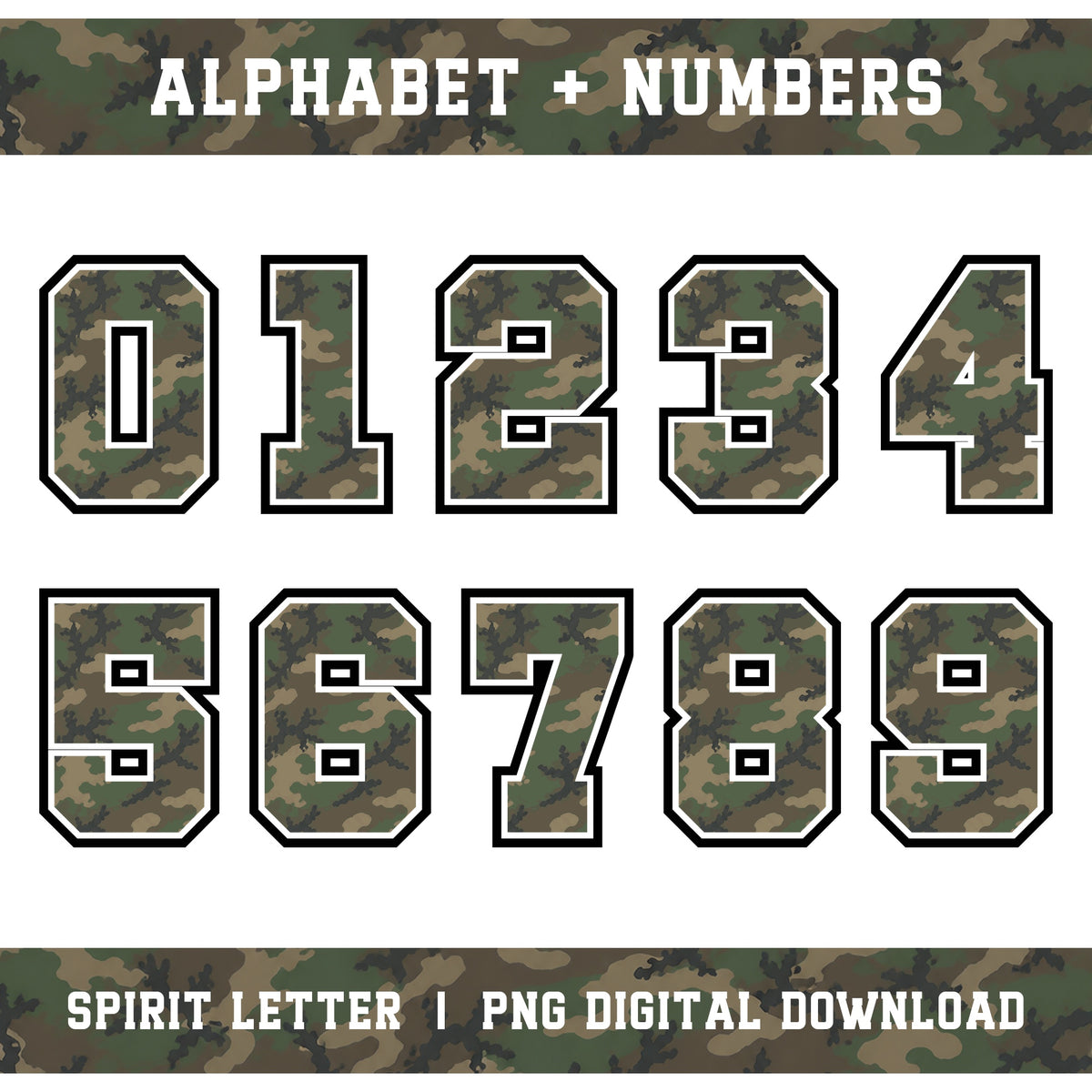 Custom Personalized Camouflage Varsity Alphabet and Numbers PNG Set