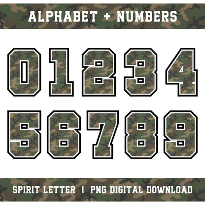 Custom Personalized Camouflage Varsity Alphabet and Numbers PNG Set