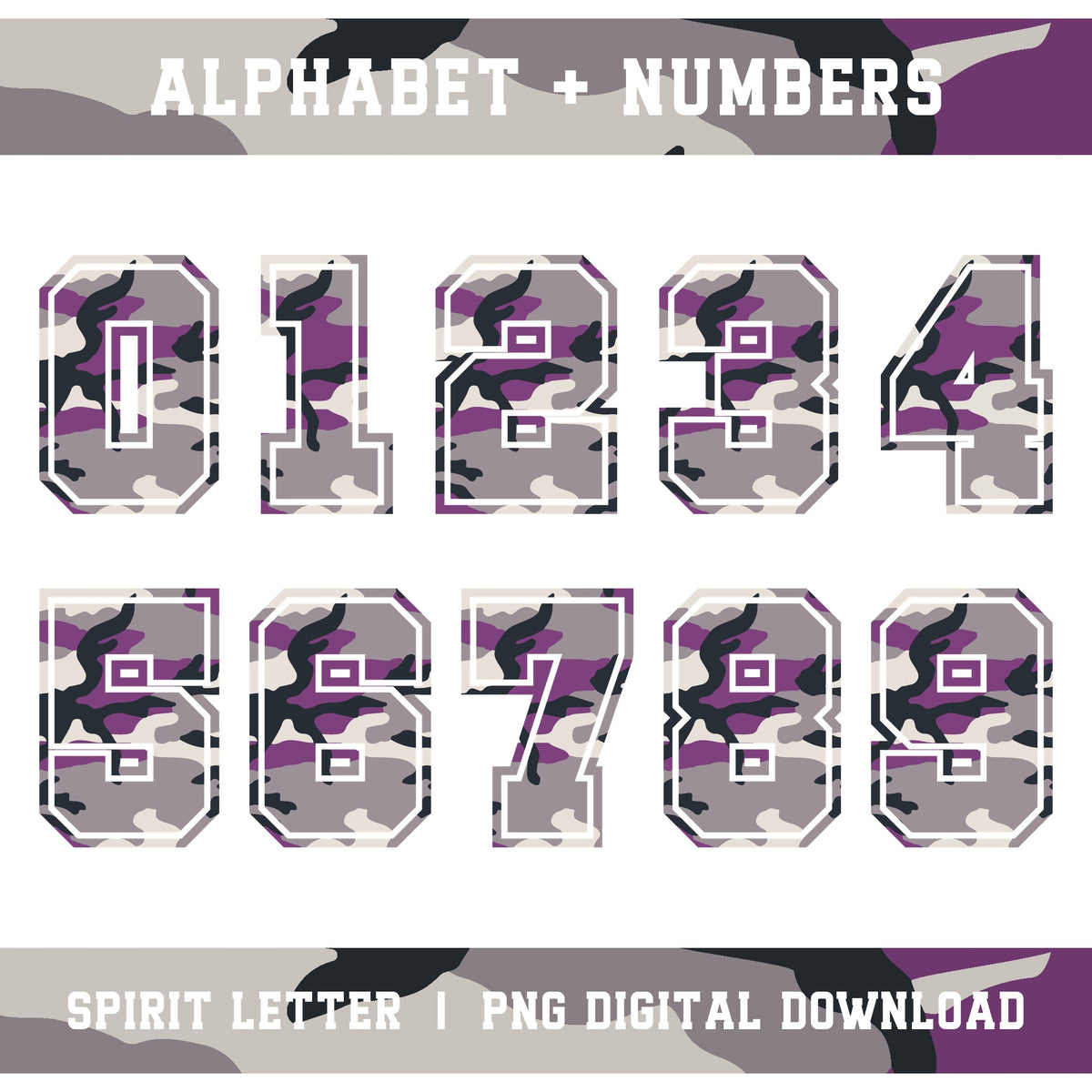 Purple Camouflage Varsity Alphabet and Numbers PNG Set