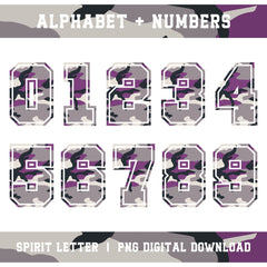 Purple Camouflage Varsity Alphabet and Numbers PNG Set