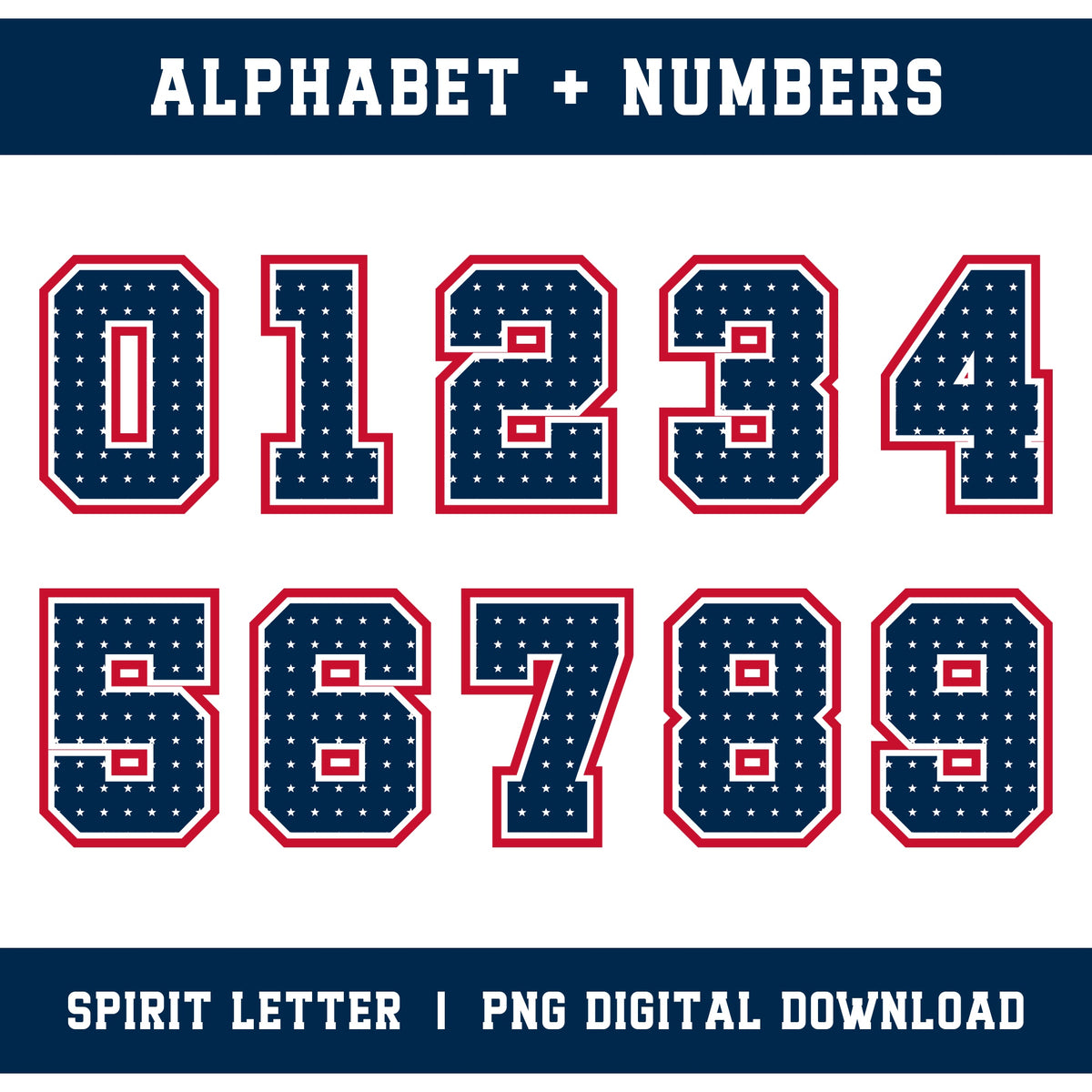 Custom Personalized Team Color Stars Varsity Alphabet and Numbers PNG Set