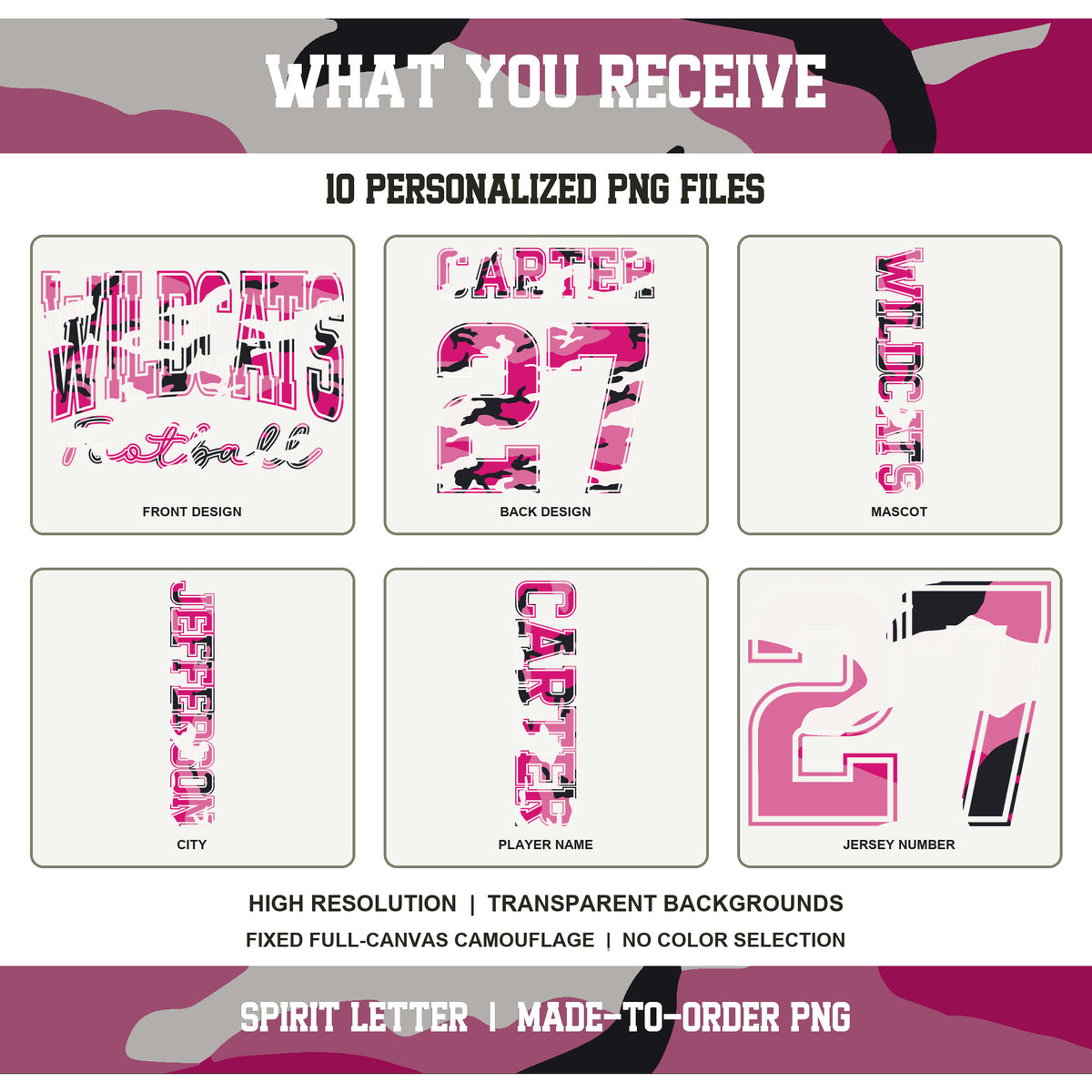 Custom Pink Camouflage Varsity Team Personalized Long Sleeve School Spirit PNG Designs