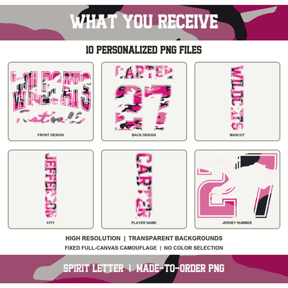 Custom Pink Camouflage Varsity Team Personalized Long Sleeve School Spirit PNG Designs