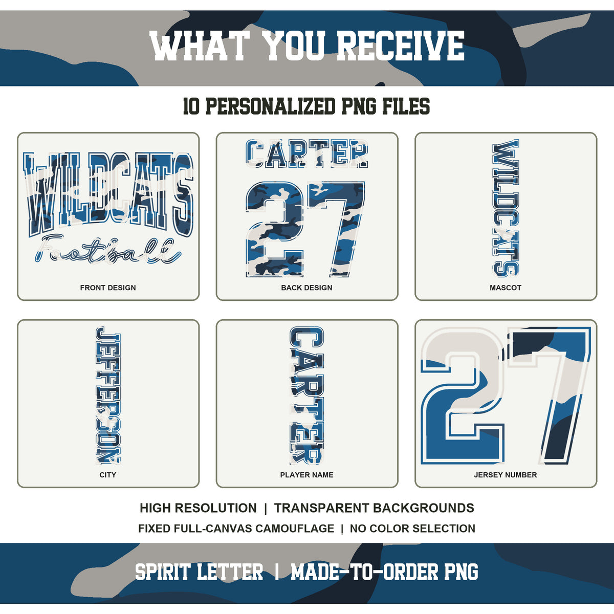 Custom Blue Camouflage Varsity Team Personalized Long Sleeve School Spirit PNG Designs