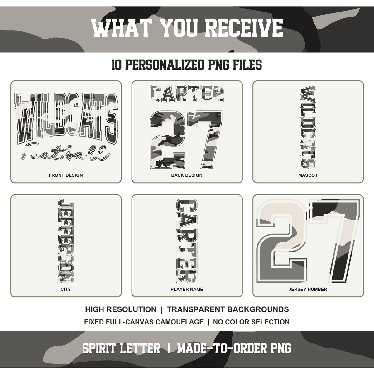 Custom Urban Camouflage Varsity Team Personalized Long Sleeve School Spirit PNG Designs