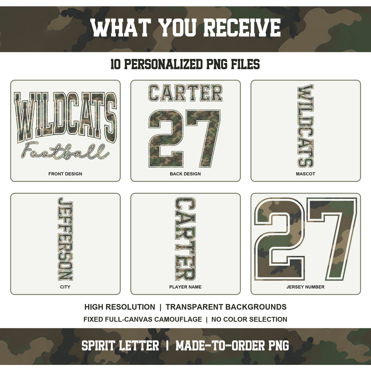 Custom M81 Camouflage Varsity Team Personalized Long-Sleeve School Spirit PNG Designs