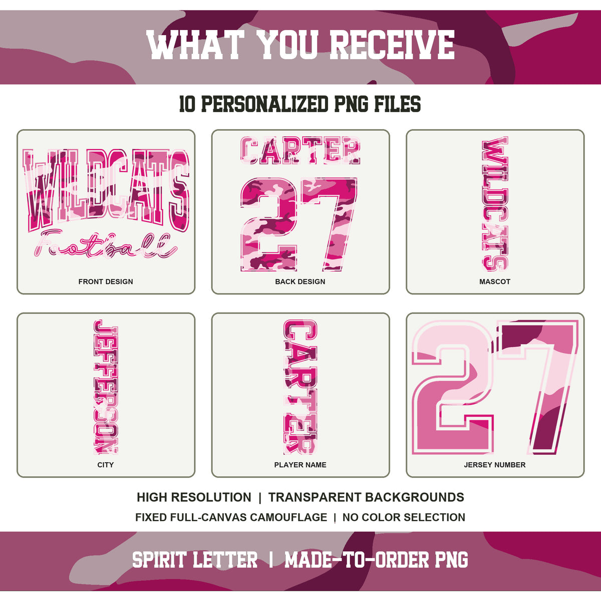 Custom Hot Pink Camouflage Varsity Team Personalized Long Sleeve School Spirit PNG Designs