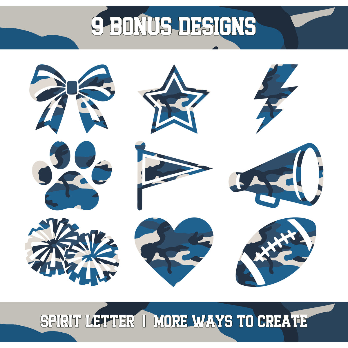 Blue Camouflage Varsity Alphabet and Numbers PNG Set