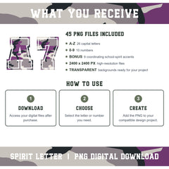 Purple Camouflage Varsity Alphabet and Numbers PNG Set