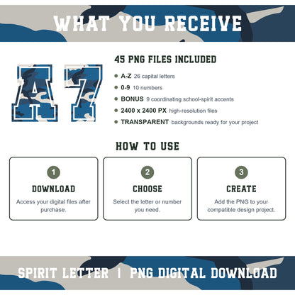 Blue Camouflage Varsity Alphabet and Numbers PNG Set
