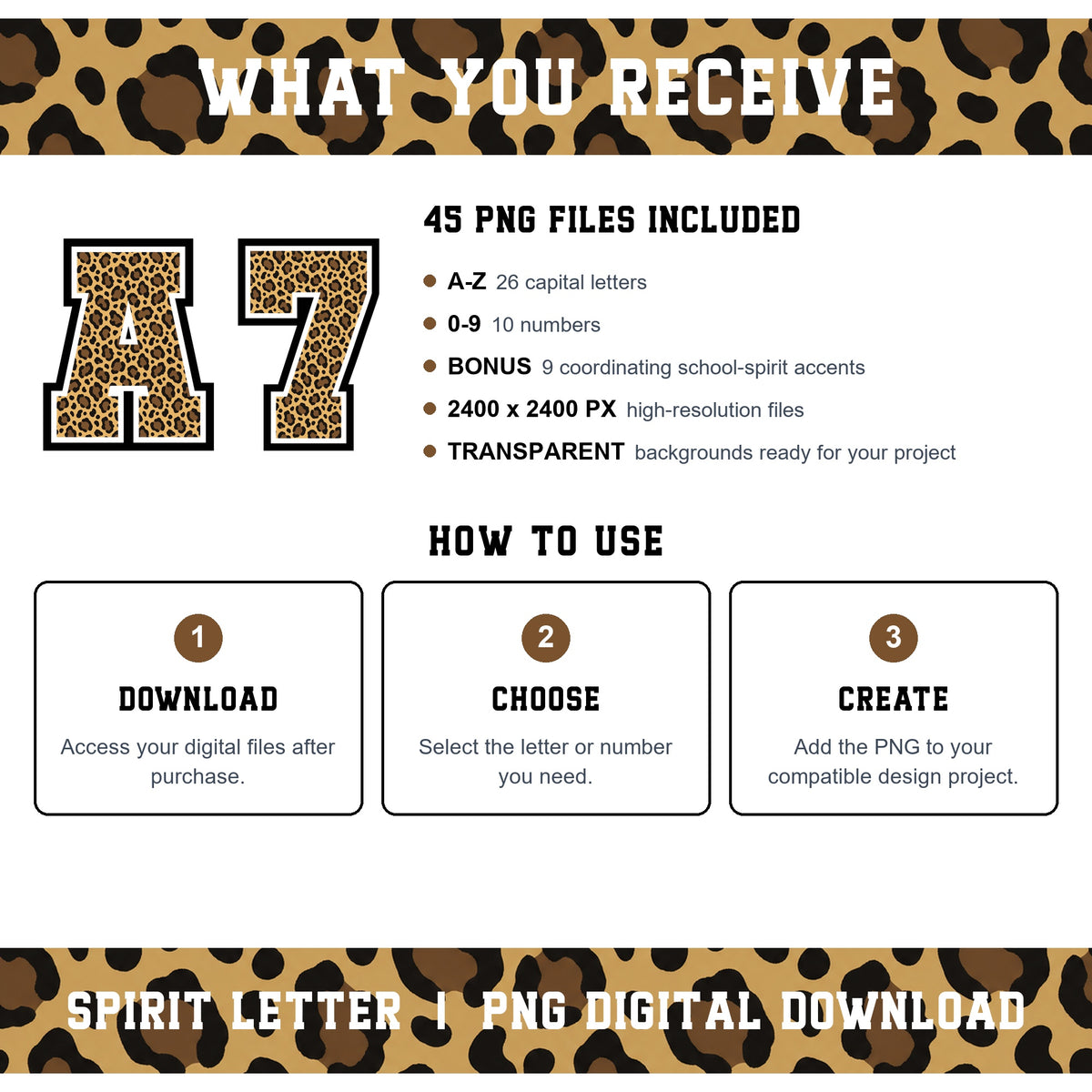 Custom Personalized Leopard Varsity Alphabet and Numbers PNG Set